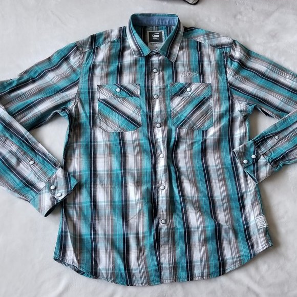G Star Other - G Star Raw Men's Plaid Shirt size Large Pearl snap